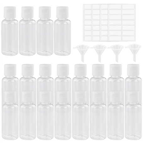 KZNKZN Lot de 20 flacons rechargeables en plastique transparent avec bouchon à rabat - 30 ml - Avec petits entonnoirs et étiquet