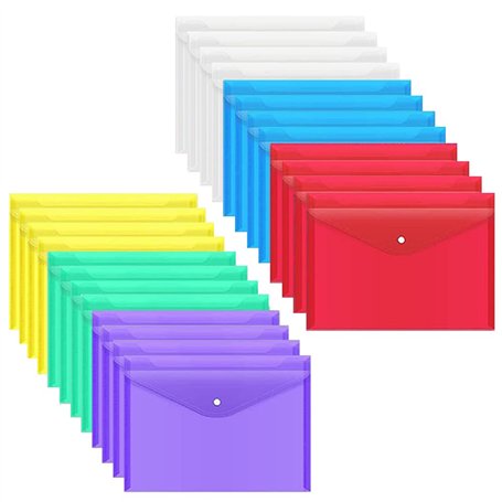 24 Pièces Pochette Plastique A4 Colorée Pochette Documents Transparent Document Dossier Pochettes Chemises avec Bouton-Pression