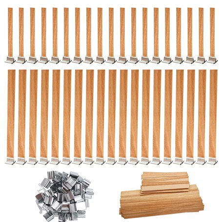100 Pièces Meche Bougie Bois avec 50 Bases en Métal Mèche de Bougie en Bois Trimmable Mèche en Bois de Bougie sans Fumée Naturel