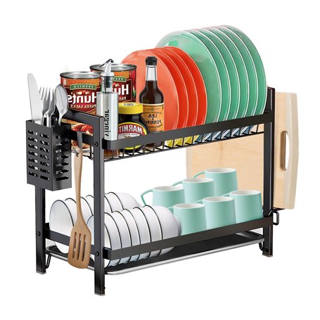MXTIMWAN Égouttoir à Vaisselle Cuisine 2 Étages INOX - Grande Capacité Avec Plateau Égouttement et Support pour Couverts - Noir