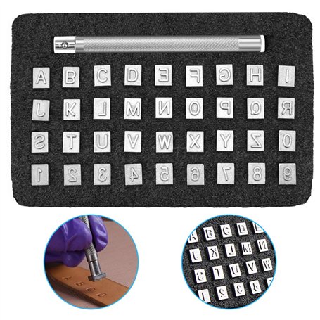 GOLRISEN 37 PCS Outils d'Estampage en Cuir Métal - Acier Argent Poinçonnage pour Lettres A à Z et Numéros 0 à 9 avec Poignée d'I