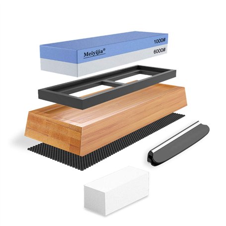 MEIJMJIA- Pierre à Aiguiser 2 en 1 Aiguiseur Couteaux Pierre à Aiguiser Base en Bambou Antidérapante Pierre à Aplatir