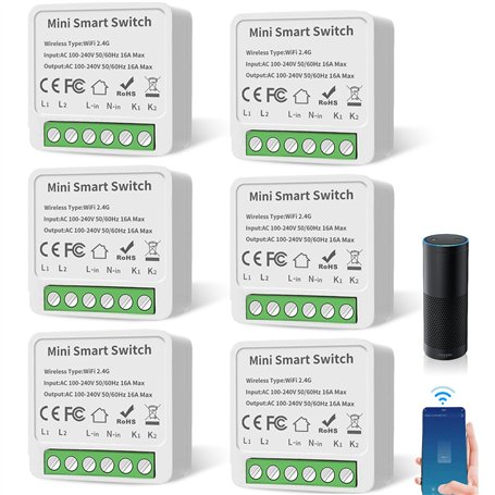 GAOUTO Lot de 6 modules d'interrupteur intelligent - Mini interrupteur Wi-Fi 2 voies - Compatible avec Alexa et Google Assistant