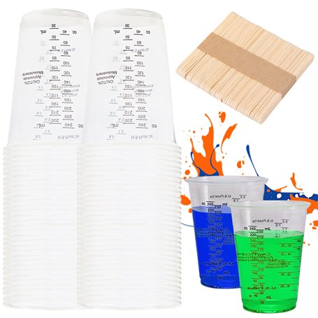 Lot de 50 gobelets doseurs de 230 ml avec 50 bâtonnets mélangeurs en bois