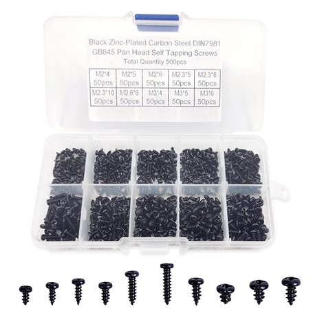 500 Pièces Noir à Tête Fraisée à Empreinte Cruciforme Vis Noir Vis à Tête Ronde en Acier au Carbone Vis Autotaraudeuse Noir Kit