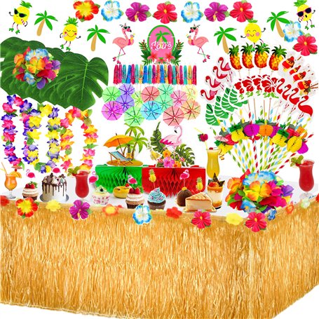 MarckersHome Décorations de fête Jupe de Table hawaïenne Fleurs Tropicales Feuilles de Palmier Pailles en Papier de Fruits Cupca