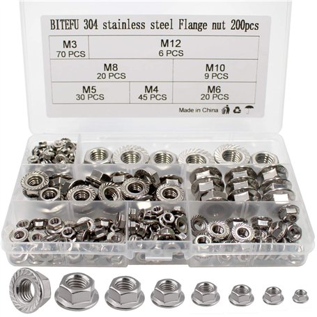 BITEFU 200pcs Écrous de Blocage Héxagonal à Écrou à Collerette Écrous à Émbase Acier Inox 304 M3 M4 M5 M6 M8 M10 M12 Kit d'assor