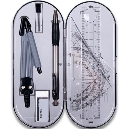 8 pièces Kit Geometrie Compass Gris Transparent Ensemble de Géométrie Kit de Géométrie Mathématique Règle Protractor Compass Pen