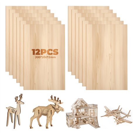 Lot de 12 Contreplaqué 300x200x2mm Feuilles de Tilleul