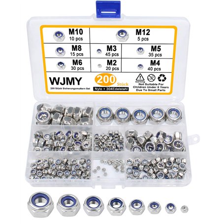WJMY 200PCS Ecrou Nylstop Frein Inox 304 Nylon Écrou Autobloquant Ecrous Hexagonal Taille de M2 M3 M4 M5 M6 M8 M10 M12 avec Coff