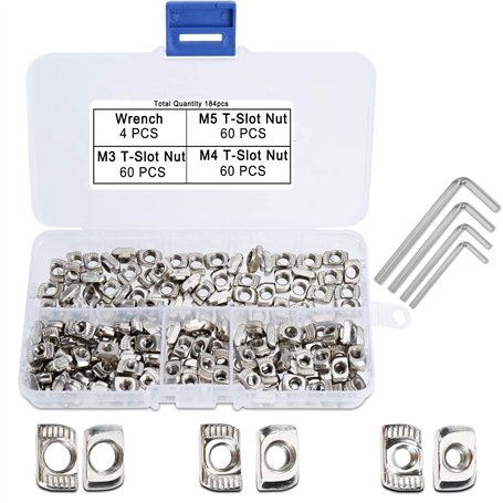 QIMEI-SHOP T Nuts Écrous en T M3 M4 M5 T-Slot Nuts Assortiment Kit en Acier au Carbone Nickelé avec 4 Clés Allen pour 20 Séries