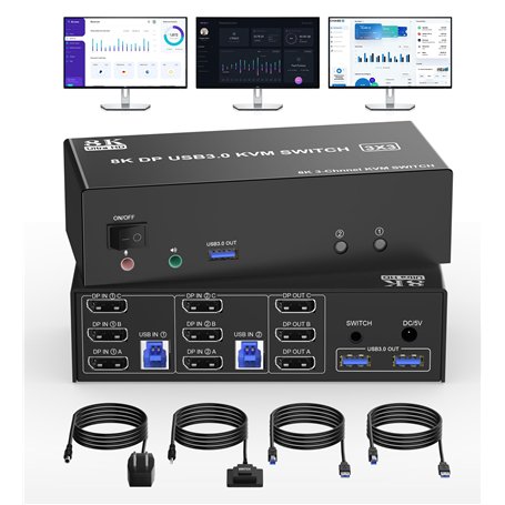 Displayport Commutateur KVM 2 ordinateurs 3 moniteurs – 8K @ 60 Hz 4K @ 120 Hz Commutateurs KVM à trois écrans pour 2 PC partage