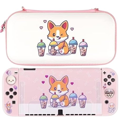 BelugaDesign Corgi Boba OLED Bundle | Carry Case Soft Cover Thumb Grips Kit | Cute Anime Bubble Tea Kawaii Dog Pink Pastel Trave