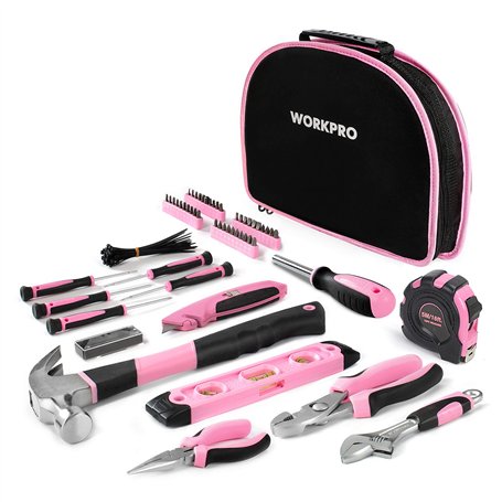 WORKPRO Kit d’Outils Pink Rose 103 Pièces - Sac à Outils avec Sac Rond Portable - Outils de Finition Chromée Durable et Résistan