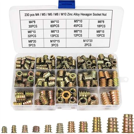 Ruolin 230 Pcs Écrous Hexagonaux M4 M5 M6 M8 M10 avec Inserts Filetés