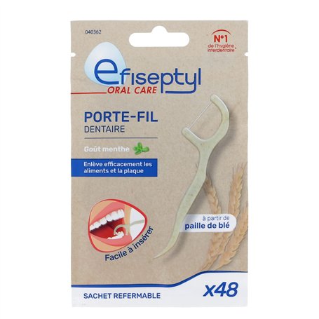 Efiseptyl - Porte-Fil Dentaire - À Partir de Paille de Blé - Goût Menthe - Facile à Insérer - Sachet Refermable - x48