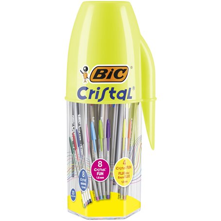 Pot de 20 stylos bille BIC Cristal Original et BIC Cristal Fun pointes moyenne et large couleurs assorties