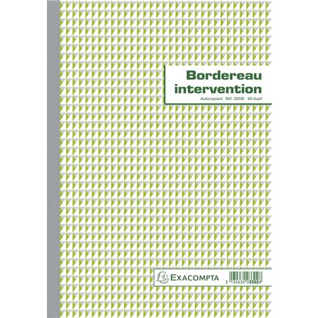 Exacompta - Réf. 3302AE - 1 Manifold BORDEREAU INTERVENTION - 50 feuillets numérotés et autocopiants - duplicatas (1 original +