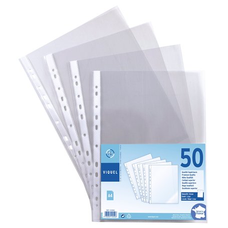 Viquel - Lot de 50 Pochettes perforées transparentes A4 - Qualité supérieure - Fabriqué en France - Pour classeur A4