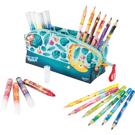 Maped Trousse Jungle Fever avec 12 feutres + 12 crayons - Créativité et couleur dans votre matériel scolaire - Espace efficace