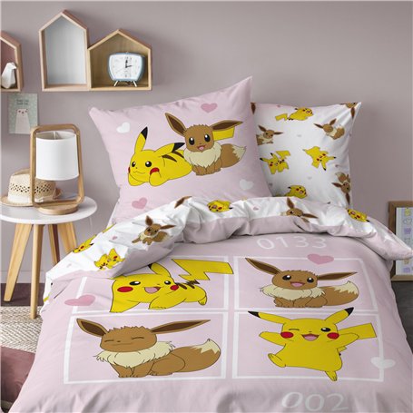 Pokemon EVOLI Parure de lit Enfant | 100% Coton | Oeko-TEX | Housse de Couette 140x200cm + Taie d'oreiller 63x63cm | Imprimé Fil