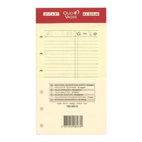 Quo Vadis - Accessoires de TIMER - Recharge FEUILLES TELEPHONE pour TIMER 14 - Papier ivoire Clairefontaine - Format 8x12