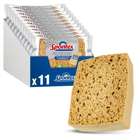 Spontex - Eponge Gros Travaux - 11 éponges végétale Blonde Taille XXL - avec Fibres de Renfort - Idéal Gros Nettoyage