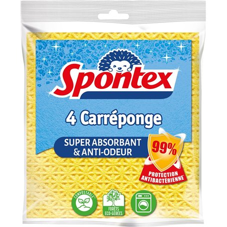 SPONTEX - Carréponge - 4 éponges Plates résistantes et Flexibles - Protection Anti-bactéries