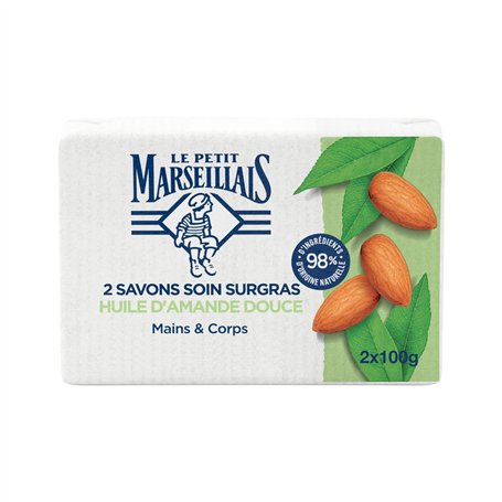 Le Petit Marseillais | Savon Soin Surgras Huile d'Amande Douce (2 pains de 100 g) – Savon solide mains & corps avec 98 % d'ingré