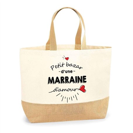 Sac Marraine d'Amour | Cabas de Plage Courses Coton et Toile de Jute Idée Cadeau Femme