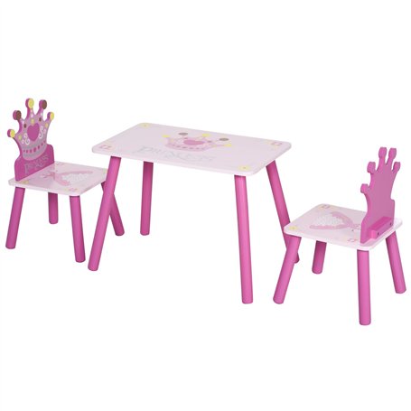 HOMCOM Ensemble Table et chaises Enfant Design Princesse Motif Couronne Bois pin MDF Rose
