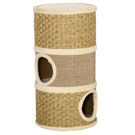 PawHut tonneau à gratter pour Chat Arbre à Chat sisal Naturel et herbiers Marins recouvert de Peluche 37