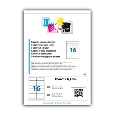 3200 Etiquettes autocollantes 105 x 37 mm soit 200 Feuilles A4 de 16 étiquettes multi-usage 105x37.1 mm compatible jet d’encre