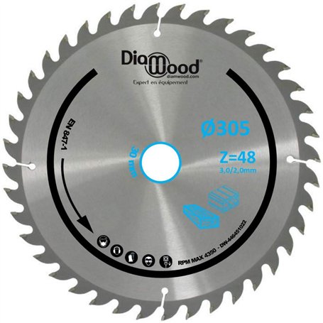 DIAMWOOD - Lame de Scie Circulaire Bois Alu pour Scies à Onglet | Découpe Parfaite et Polyvalente | 48 Dents Trapézoïdales Négat