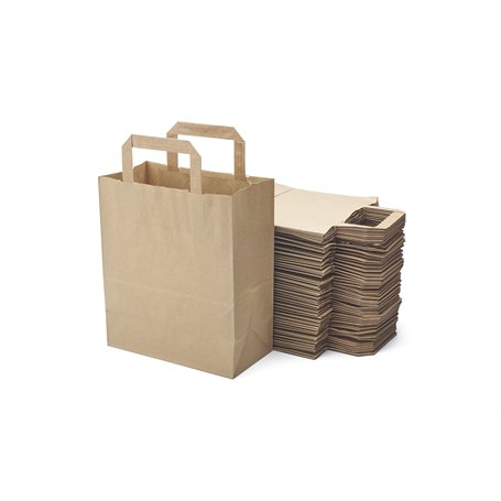 Lot de 50 Sacs Marrons Cabas en Papier Kraft avec Poignées Plates – 22 x 10 x 28 cm – Solide pour les Courses Emballage cadeau p