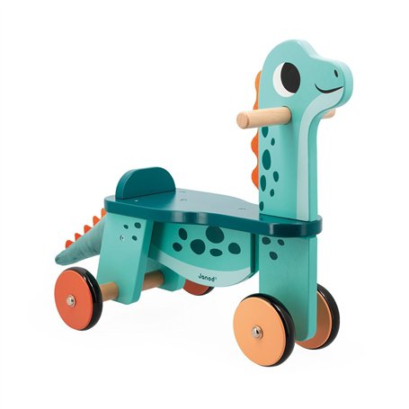 Janod - Portosaurus - Porteur Dinosaure - Hauteur d'Assise 21 cm - Queue en Peluche Amovible - Développe l'Équilibre - Jouet en