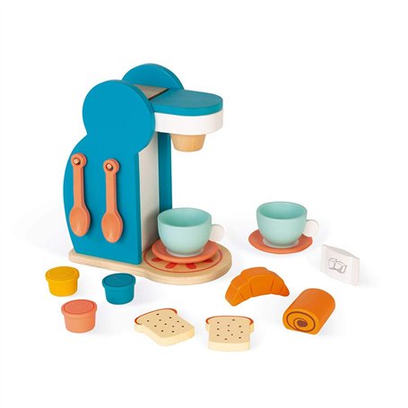 Janod - Set du Petit Déjeuner - Machine à Café en Bois + 14 Accessoires - 3 Capsules