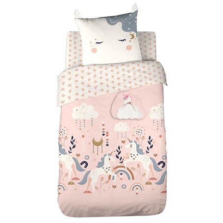 CÔTE DECO Parure de lit imprimée 140x200 cm Enfant - Housse de Couette 140x200 cm + 1 Taie d'oreiller 63x63 cm Motif Licorne cœu