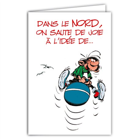 Afie Carte régionnale 59 NORD Gaston Lagaffe Bon Anniversaire ; Ballon sauteur ; Hamac ; Mouettes ; Chat ; Souris ; Animaux ;