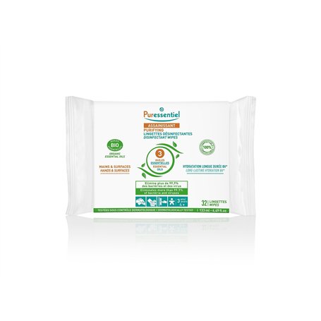 Puressentiel - Assainissant - Lingettes désinfectantes Mains & Surfaces – A l’Aloe Véra et Aux 3 Huiles Essentielles – 100% comp