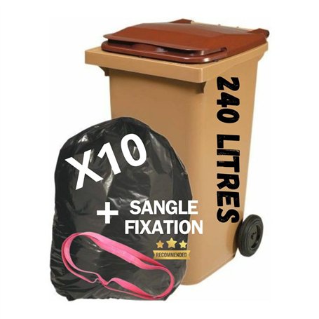 Lot de 10 Sacs Poubelle 240L [ Doublures de Container 2 Roues + Sangle de Fixation | Anti Salissures - Anti Odeur | Résistant -