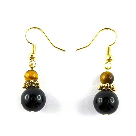Boucles d'oreilles pendantes plaquées or avec perles véritables en onyx et oeil de tigre. Fermeture avec crochet et bouchon de f