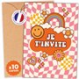 aliceandberry Cartons invitation anniversaire Groovy - 10 cartes + 10 enveloppes - Design Rétro hippie 70’s - Enfant Fille garço