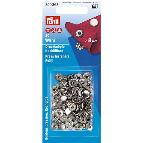 Prym 390363 Lot de 20 mini boutons pression de rechange 8 mm Argent
