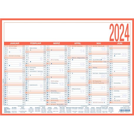 908-1315 Calendrier hebdomadaire 2024 – Format A4 (29 x 21 cm) – 6 mois sur 1 page – Calendrier tableau – Laminé sur carton – Pl
