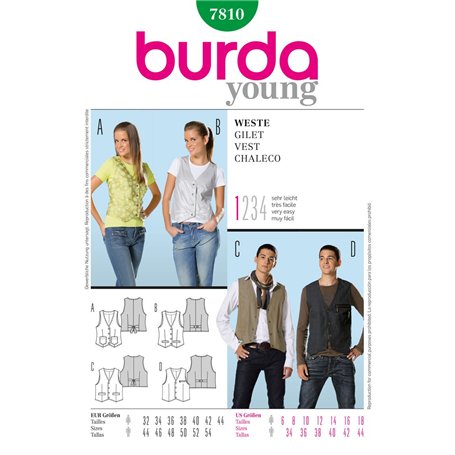 Burda 7810 Patron de couture pour gilet (homme et femme)