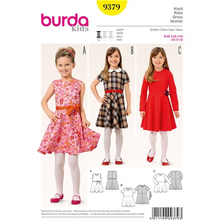 Burda 9379 - Modèle filles robe avec jupe cloche et motif à carreaux (Kids