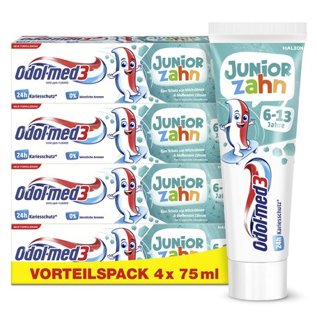 Odol-med3 Lot de 4 dentifrices dentifrice junior pour enfants à partir de 6 ans pour protéger les dents de lait et les dents per