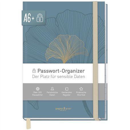 paper&you® Livre de mot de passe A6+ avec onglet A-Z « Blue Ginkgo » pour 320 données d'accès