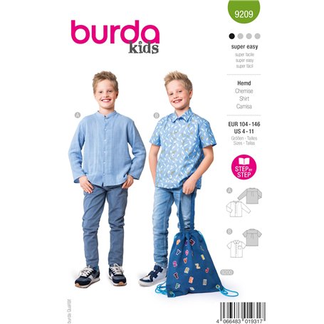 Burda kids Patron de couture pour garçon #9209 Chemise avec col montant et chemise à manches courtes avec poche poitrine Taille